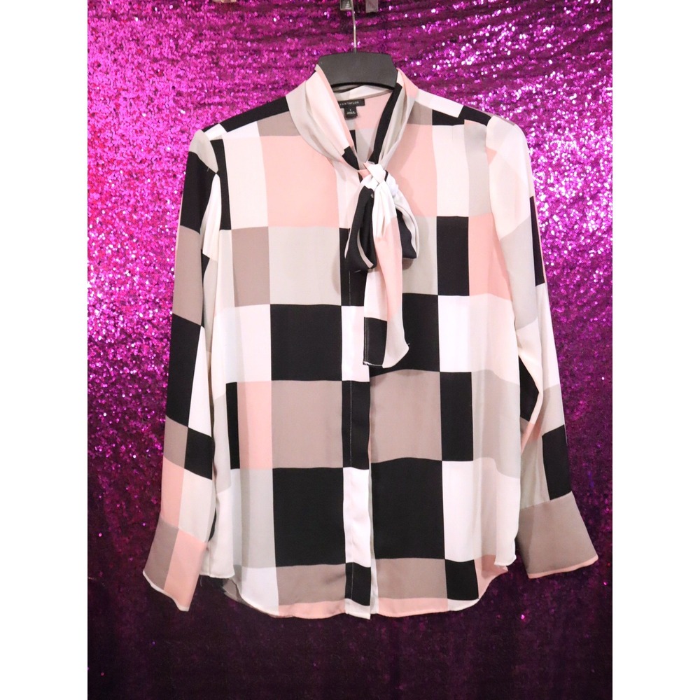 Blush Pink Tie-Neck Blouse S Ann Taylor Women Geometric Colorblock Long Sleeve